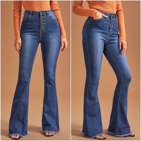 Dark Wash High waist Button Fly denim Bell Bottom jeans - Picture 1 of 2
